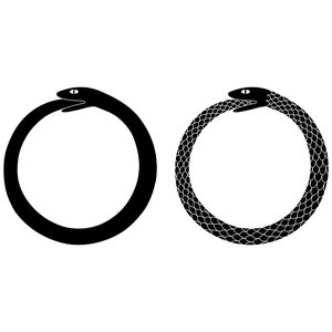 May include: A black and white illustration of a snake biting its own tail, forming a circle. This is a symbol of infinity and eternity.