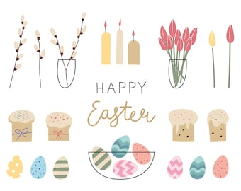 Happy Easter Clipart: Hand-Drawn Eggs, Flowers (PNG, EPS)