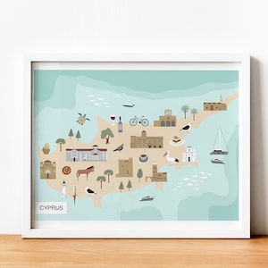 Carte illustrée de Chypre, Affiche de l’île de Chypre, Impression de carte de Chypre, Carte de voyage, Art mural de l’île, Conception de Wanderlust, Téléchargement instantané, Dessiné à la main