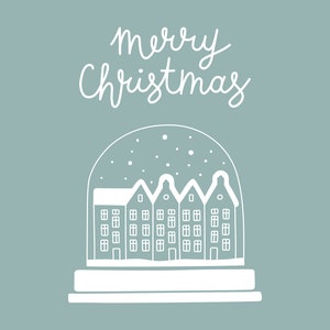 May include: A white illustration of a snow globe with a snowy scene of houses inside. The text "Merry Christmas" is written above the snow globe.