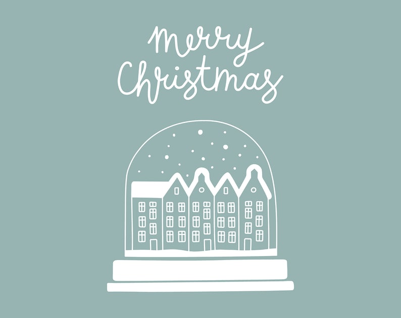 May include: A white illustration of a snow globe with a snowy scene of houses inside. The text "Merry Christmas" is written above the snow globe.