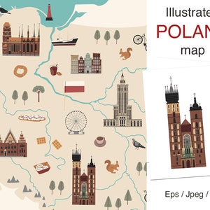 Polonia, Mapa ilustrado del país, Póster de Polonia, Mapa de viajes, Imágenes prediseñadas digitales, Diseño Wanderlust, Descarga digital, Uso comercial
