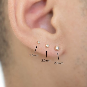 19 Gauge Round Solitaire Diamond Flat Back Stud Earring, 14K Solid Gold Nap Earring Bezel Set Diamond, Flat Back Nose Stud - 5mm 6.5mm 8mm