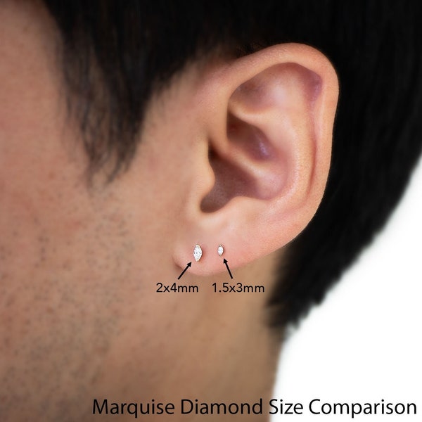 Clous d'oreilles solitaires diamants marquise calibre 16, boucle d'oreille de sieste en or massif 14 carats et diamants, clous d'oreilles diamants 16G, clous d'oreilles en or à l'arrière plat-5 mm 6,5 mm 8 mm