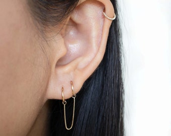 Solid Gold Box Link Connector Ear Chain, Cartilage Helix Gold Ear Chain, Conch Chain Earring, 14K Solid Gold Connecting Chain Earring