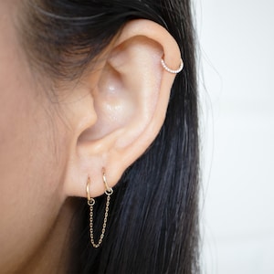 14K Solid Gold Cross Link Ear Chain, Cartilage Helix Connector, Korean Helix Earring Chain, 14K Gold Conch Chain