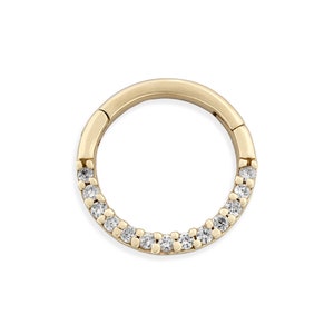 14K Solid Gold Pavé Diamond Hoop Earring Hinged Clicker Huggie Ring for Cartilage or Helix