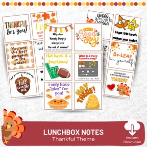 Lunch Box Notizen | Lunch Box Notizen für Kinder | Lunch Box Notizen zum Ausdrucken | Erntedank Lunch Box Notizen | Dankbar Themed Lunchbox Notizen |