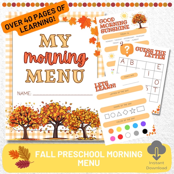 Menu du matin préscolaire d’automne imprimable | École maternelle d’automne à la maison | Feuilles de travail préscolaires d’automne | Menu d’école à la maison d’automne | Alphabet imprimable