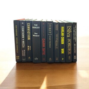 May include: A collection of ten hardcover books with black covers and colorful titles. The books are stacked vertically on a wooden surface. The titles include "Conviction", "The Border", "First", "Harlan Coben", "Silva", and "How to Destroy America in Three Easy Steps".