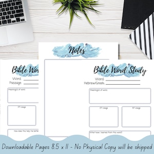Puede incluir: Hojas de trabajo de estudio bíblico imprimibles con acentos de acuarela azul. Las hojas de trabajo incluyen secciones para la palabra, el pasaje, el significado, el uso del Antiguo Testamento, el uso del Nuevo Testamento y lo que has aprendido. El texto "Downloadable Pages 8.5 x 11 - No Physical Copy will be shipped" está en la parte inferior.