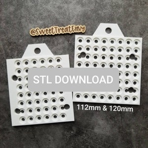 May include: Two white plastic molds with a grid of round holes and cloud shapes. The molds are 112mm and 120mm. The text "STL DOWNLOAD" is printed on the image.