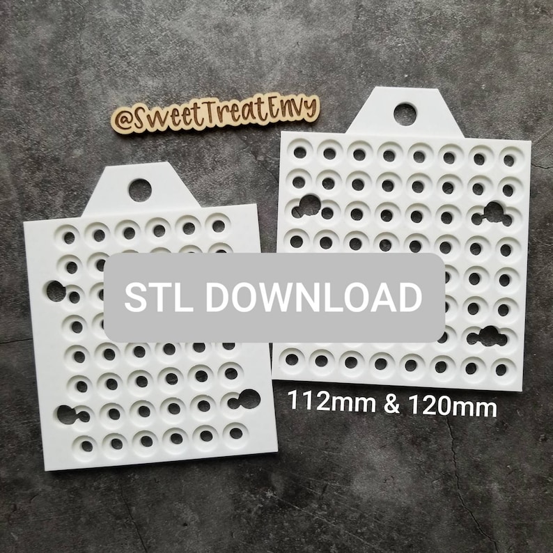 May include: Two white plastic molds with a grid of round holes and cloud shapes. The molds are 112mm and 120mm. The text "STL DOWNLOAD" is printed on the image.
