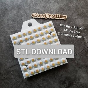 May include: White tray with a cutout handle, filled with 64 small round white tiles with orange and yellow leaf designs. The tray is labeled "Fits the ORIGINAL Milton Tray (120mm x 120mm)" and "STL DOWNLOAD".