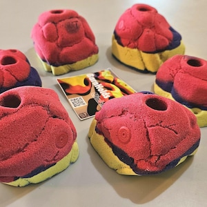 May include: Set of six multi-colored climbing holds in red, blue, and yellow. Each hold has a unique shape with a hole in the center. A small card with the text "BarnHolds" is also present.