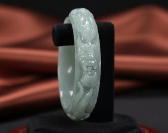63mm Certified natural Burmese Jadeite Dragon craved Jade Bangle, symbol of power and protection.