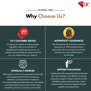 May include: A promotional graphic with the text "Why Choose Us?" and information about a gem company. The graphic highlights 24/7 customer service, authenticity assurances, ethically sourced products, and support evaluation.