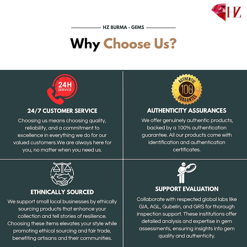 May include: A promotional graphic with the text "Why Choose Us?" and information about a gem company. The graphic highlights 24/7 customer service, authenticity assurances, ethically sourced products, and support evaluation.