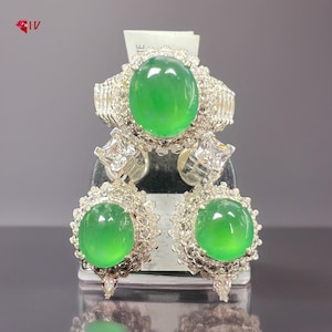 Burmese Jadeite Ring and Earrings Set: Spicy Green Fei Cui Jewelry