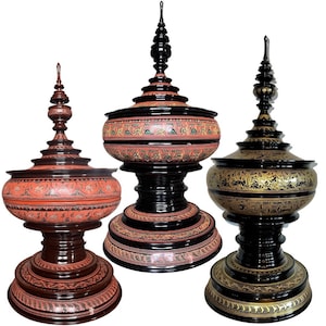 Early 20th century style Burmese lacquer Buddhist offering bowl from Bagan, Burma / Burmese Art