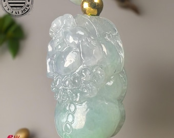 Icy Jade Pixiu Pendant Necklace: Burmese Jadeite, Gold Accents