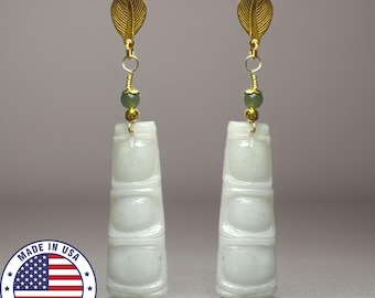 Handmade Daily wear natural Burmese Jadeite Bamboo Jade Drop Hypoallergenic earring
