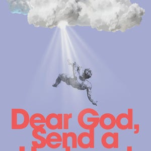Puede incluir: Portada de libro con fondo lila claro. El título "Dear God, Send a Husband" está en letras grandes color coral. Arriba, una nube con una figura que desciende de ella. El texto "The cool & practical guide..." está en la parte superior.