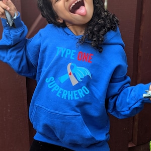 KIDS Type One Superhero T1D Hoodie, BOYS Type 1 Diabetes Warrior Sweatshirt, Girls Type 1 Diabetes Superhero Sweater, Kids T1D Hoodie Gift
