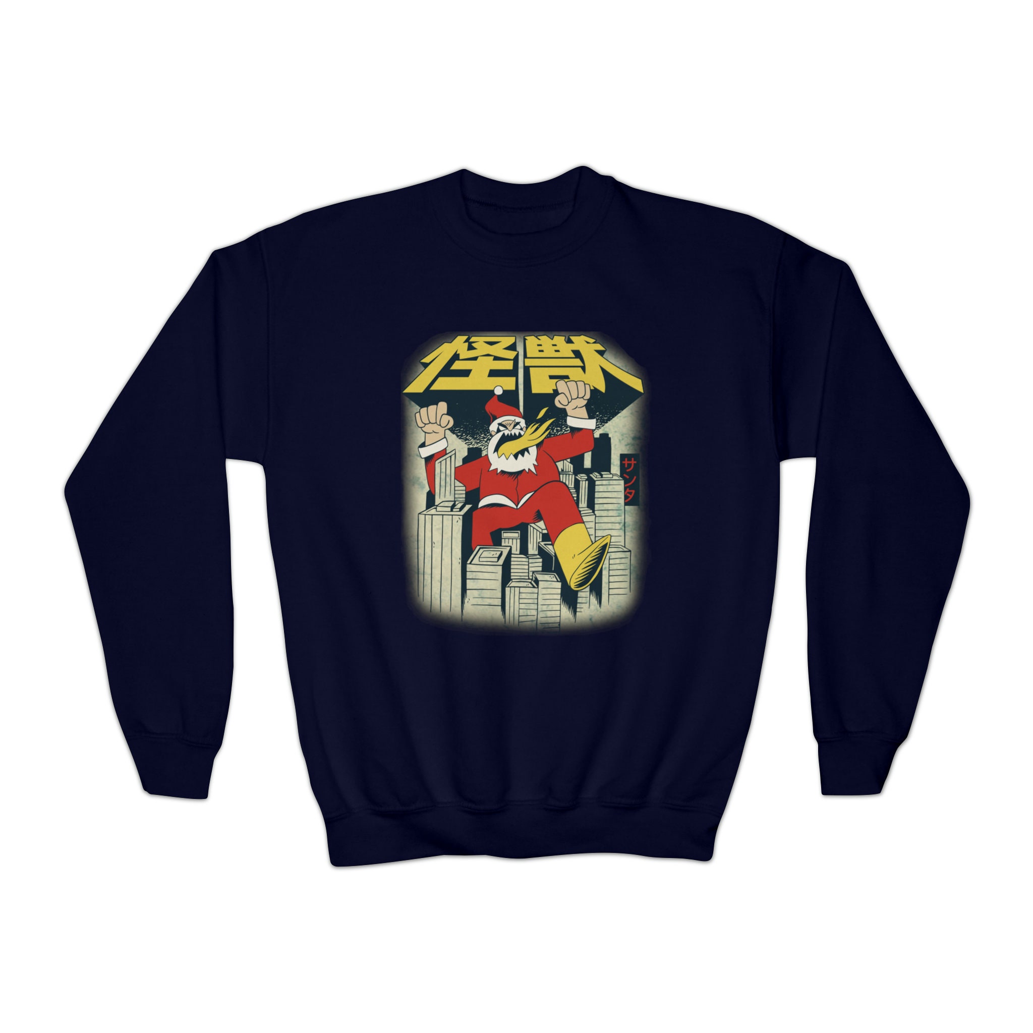 Kids Japanese Santa Monster UNISEX Crewneck Sweatshirt, Giant Santa Attacks  Japan, Funny Christmas Party Boy Girl Sweater, 90s Graphic Kanji 