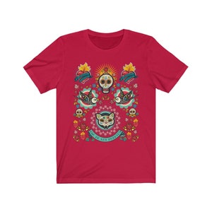 Calavera Dia De Los Muertos Mexican Folk Art Shirt, Day of the Dead Halloween T-Shirt, La Catrina Sugar Skull Gato Cat Tee, Latino Gift Tees