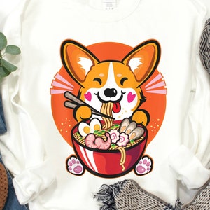Cute Japanese Corgi Ramen Foodie Crewneck, Japan Anime Kawaii Aesthetic Sweater for Her, Dog Mom Gift, Womens Funny Puppy Sweatshirt S-3X