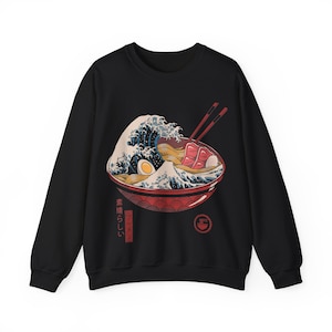 Sudadera con cuello redondo The Great Ramen Monster Wave of Kanagawa, suéter estético japonés para regalarle a él o a ella, sudadera con gráficos japoneses para hombres y mujeres