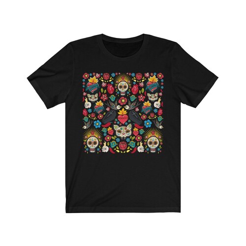 Dia De Los Muertos Mexican Folk Art Shirt, Day of the Dead Halloween T-Shirt, La Catrina Sugar Skull Cat Tee, Latino Latina Dia Muertos Tees