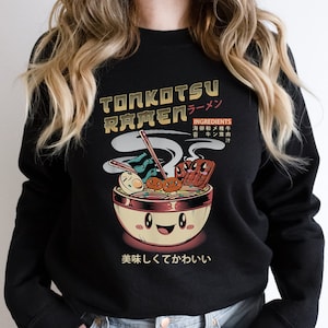 Tonkotsu Ramen Japan Crewneck for Men Women, Japanese Aesthetic Foodie Sweater Gift for Him Her, Kawaii Anime Noodle Graphic Sweatshirt S-3X