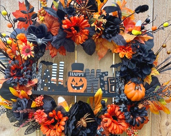 Halloween Wreath with Icon Sign, Black & Orange Floral Door Decor