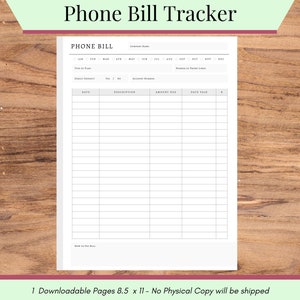 Phone Bill Tracker Printable, Cell Phone Bill, Monthly Bill Payment Tracker, Bill Planner, Expense Tracker, Personal Finance, Bill Organizer