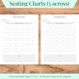 May include: Two printable seating charts with blank squares for writing student names. Each chart has space for 30 students arranged in 5 rows of 6 squares. The charts are labeled "Seating Chart" and have space for the class title and number of students.