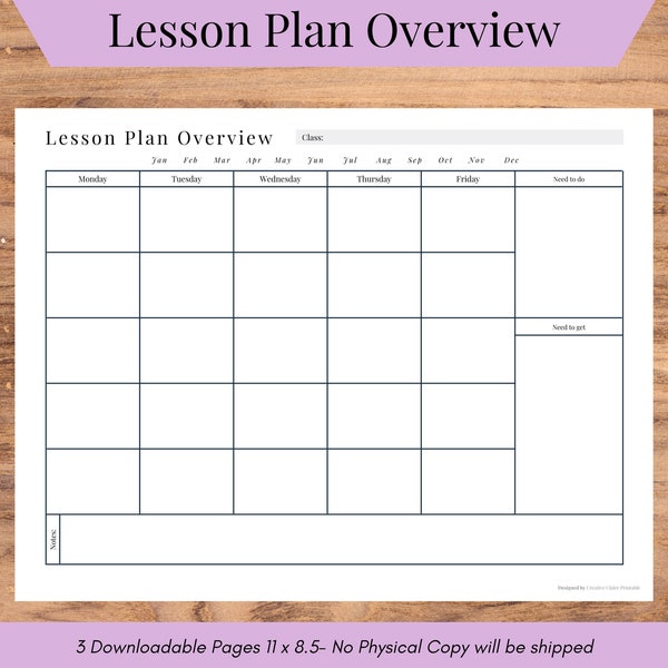 Lesson Plan Overview, Visual Monthly Planner, Lesson Planner template,  Printable Lesson Plan Book, Printable Lesson Plan, Digital Lesson