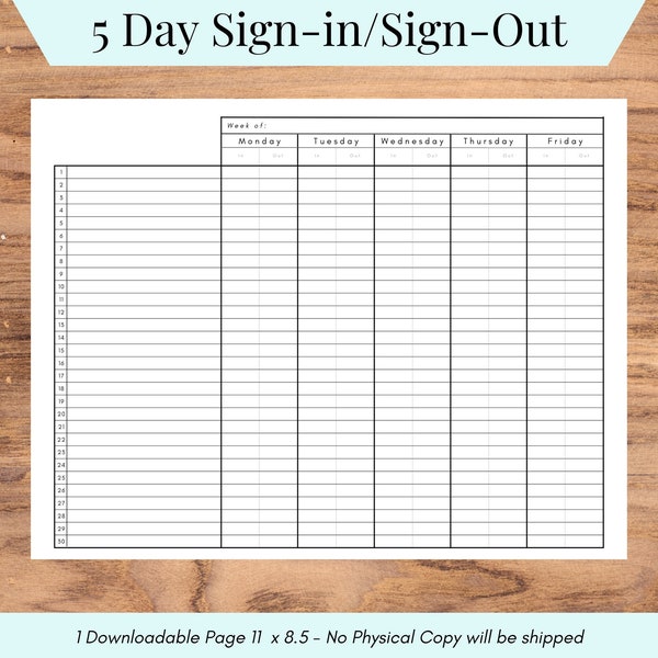 Mon-Fri Sign-in Template, Printable Sign-in and Sign-out Sheet, Weekly Sign-in, Daycare, Classroom, & Camp tools,  Attendance sheet PDF