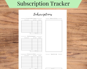 May include: Printable subscription tracker with sections for Food & Beverages, Entertainment, Fitness & Other, and a section for observations and need to do lists. The tracker is designed for 8.5 x 11 inch paper.