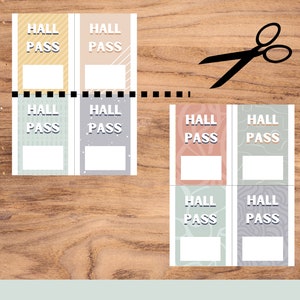 May include: Eight printable hall pass cards with different patterns. The cards have a blank space for writing a name or reason for leaving the classroom. The text on the cards reads "Hall Pass".