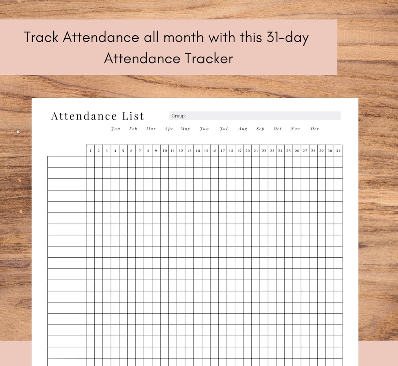Attendance List 31 Days, Printable Attendance Tracker, Monthly ...