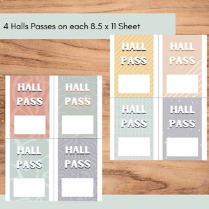 May include: Printable sheet with four hall passes. Each pass has a different background pattern and says "Hall Pass" in white text. The sheet is designed to be printed on 8.5 x 11 inch paper.
