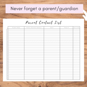 Puede incluir: Una lista de contacto imprimible en blanco y negro con el t&iacute;tulo "Parent Contact List". La lista tiene columnas para el nombre del estudiante, los nombres de los padres o tutores, el correo electr&oacute;nico, el n&uacute;mero de tel&eacute;fono y el texto (S/N).