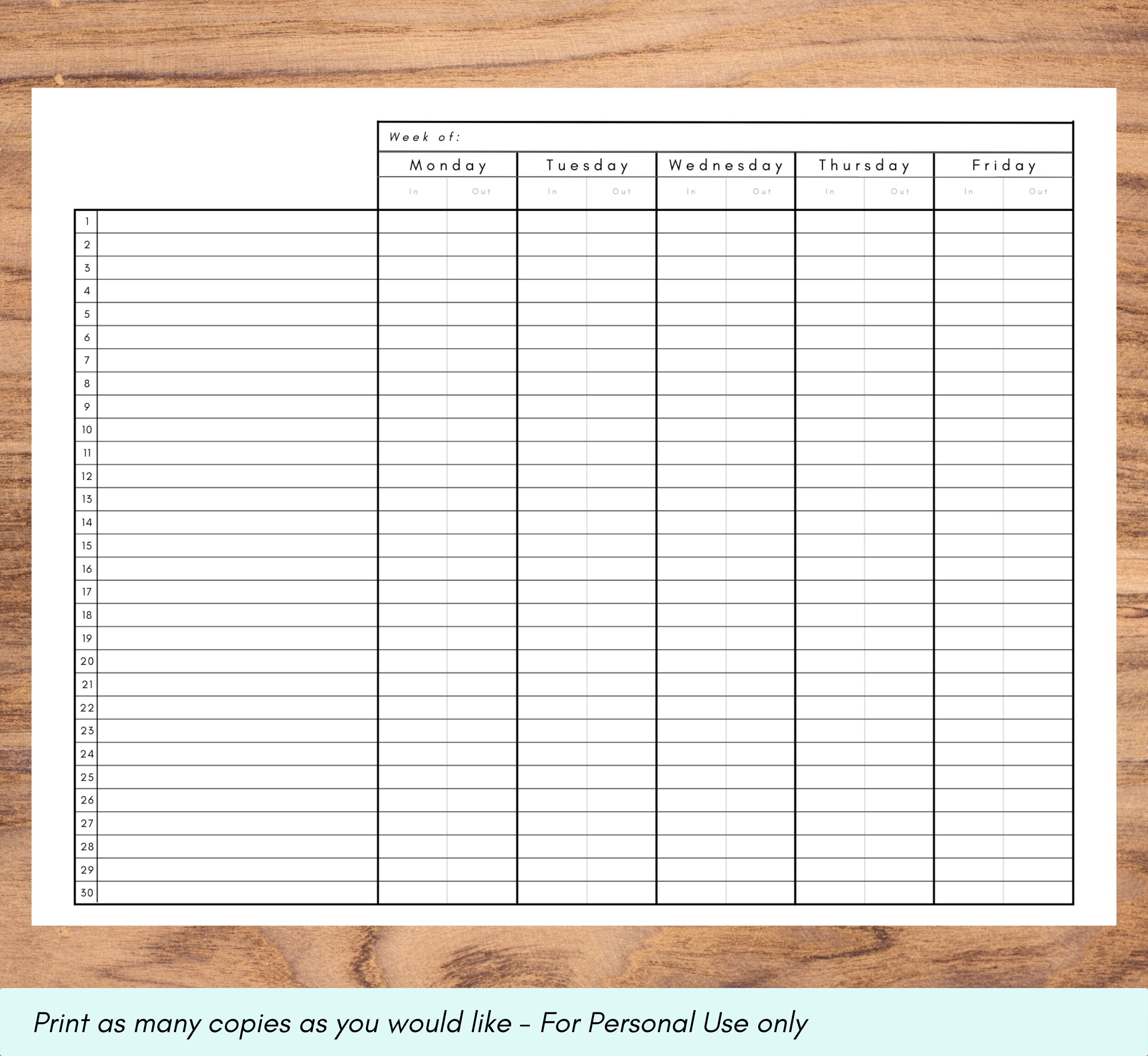 Mon-fri Sign-in Template, Printable Sign-in and Sign-out Sheet, Weekly ...
