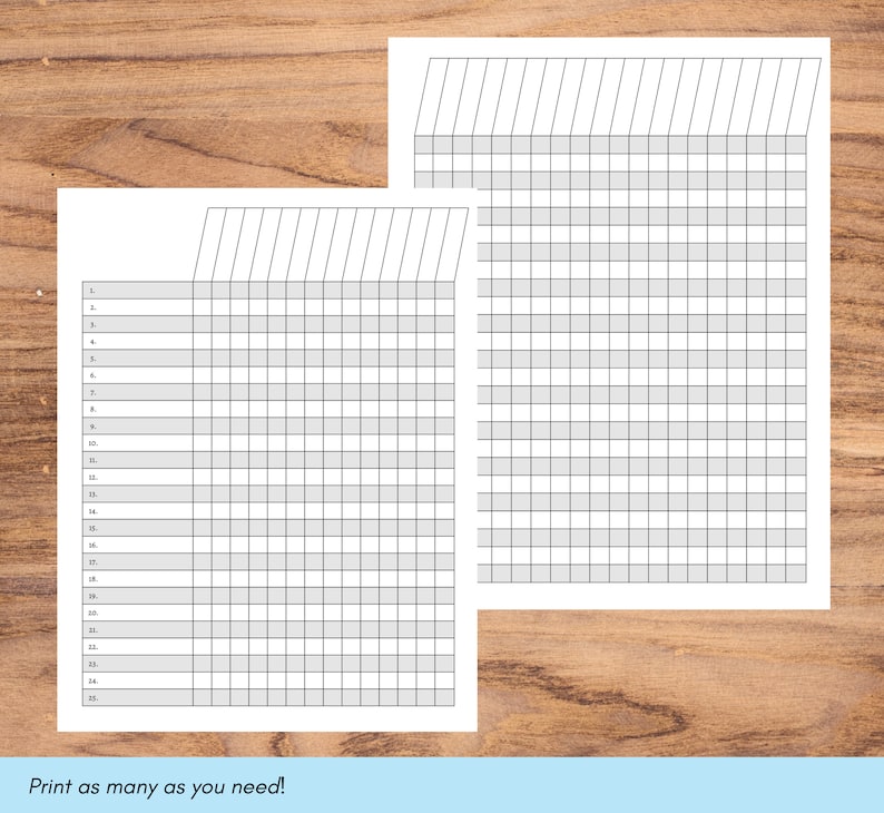 Puede incluir: Dos hojas de cuadr&iacute;cula imprimibles con filas numeradas. Las hojas est&aacute;n dise&ntilde;adas para usar como listas de verificaci&oacute;n, rastreadores o para organizar informaci&oacute;n.