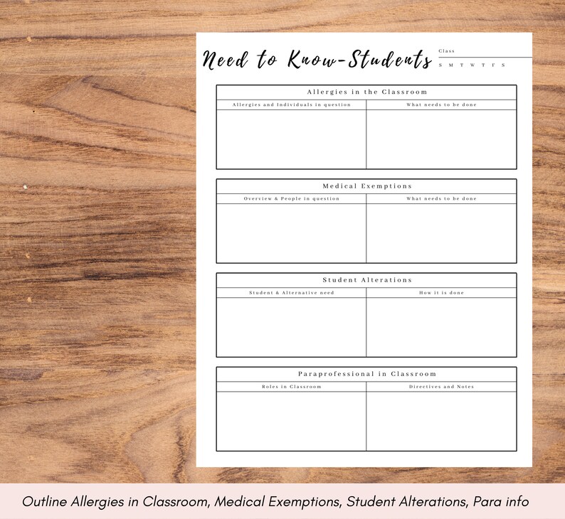 May include: A printable classroom chart with sections for allergies, medical exemptions, student alterations, and paraprofessional information. The chart is divided into two columns with headings for each section.