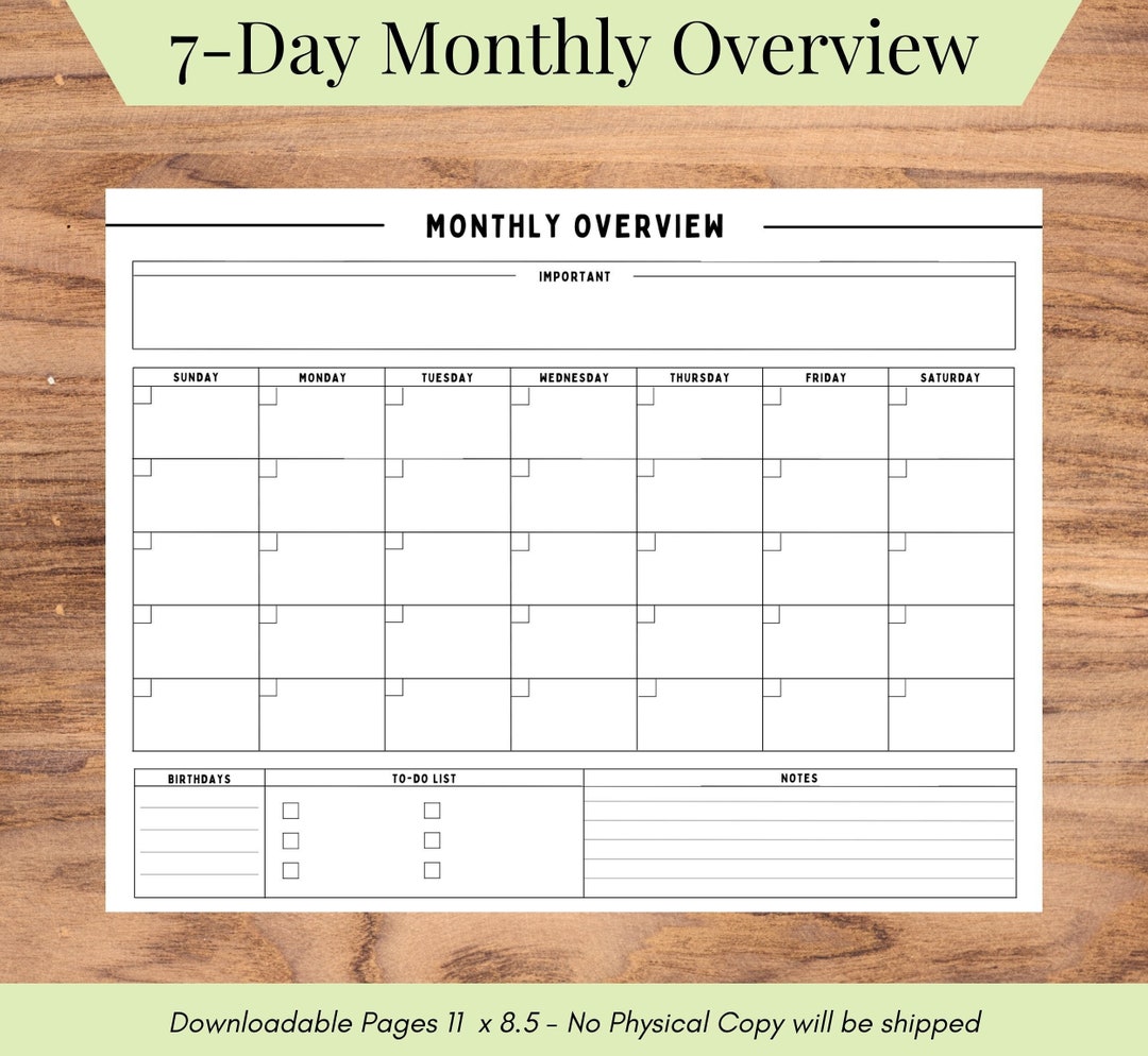 7-day Monthly Planner Printable, Month Calendar, Yearly Overview, Month ...
