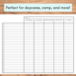May include: A white weekly planner with a grid layout, featuring columns for each day of the week and rows numbered 1-30. The text "Perfect for daycares, camp, and more!" is at the top. The planner includes the text "Week of:" and the days of the week.