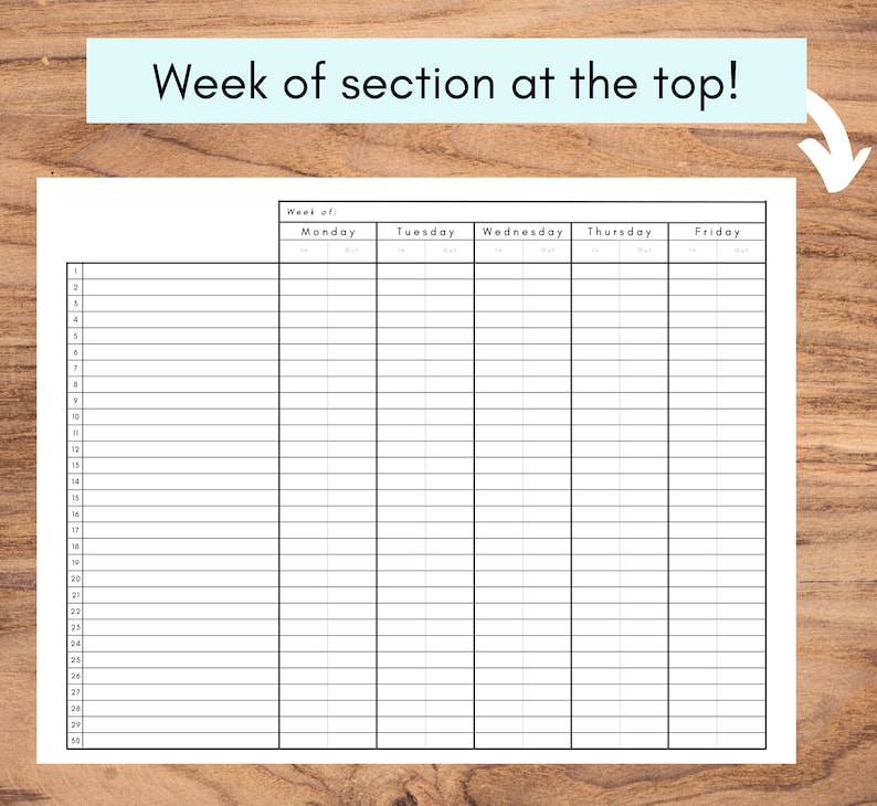 May include: A blank weekly planner page with a grid layout. The top of the page has the text "Week of section at the top!" in a light blue banner. The planner is divided into columns for each day of the week, with numbered rows for time slots.